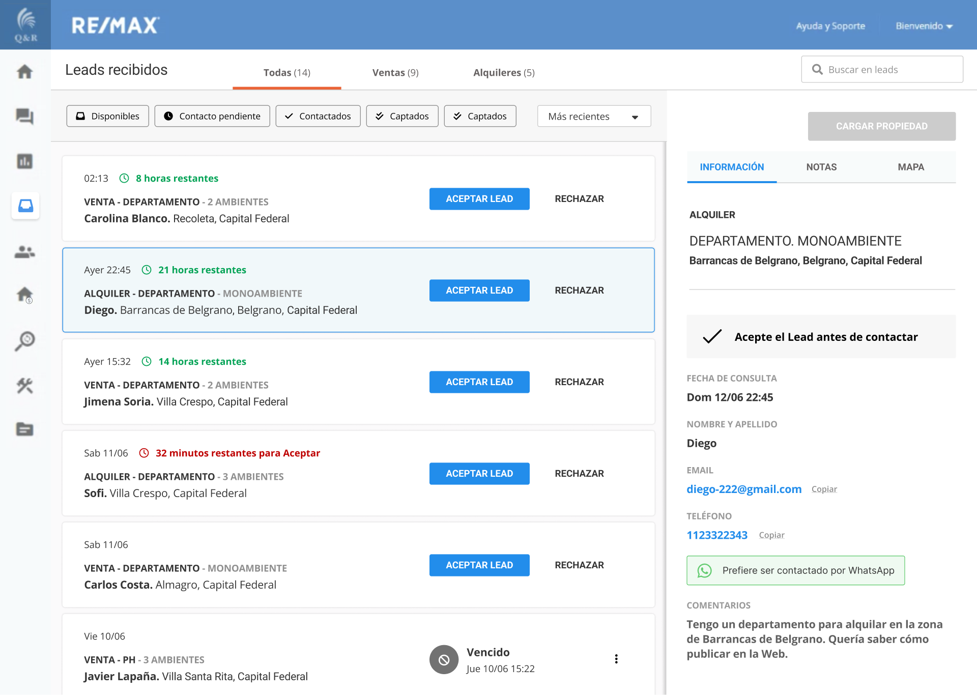 Listado de leads recibidos en la plataforma